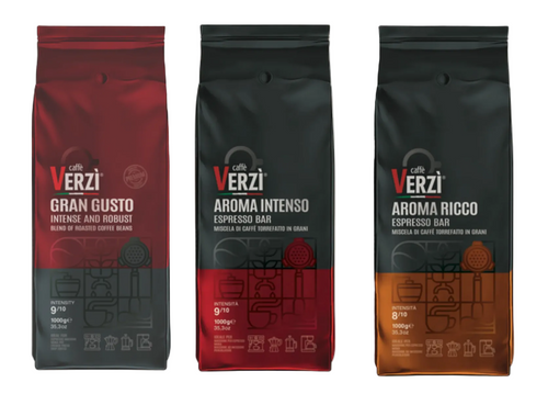 Three Daily Crema Barista Bundle coffee packages from Verzi with different flavors on a white background
