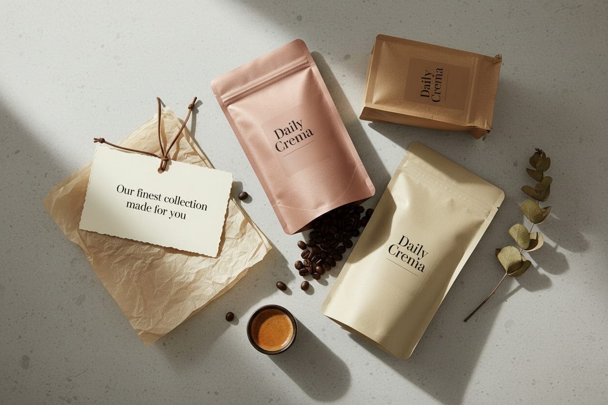 Coffee packaging and beans on a light surface