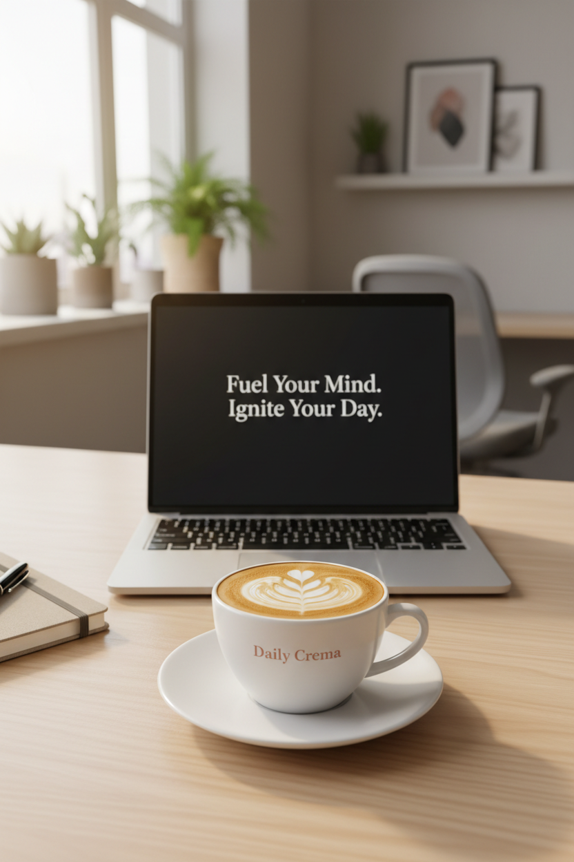 Steaming Daily Crema Coffee cup on a saucer next to an open laptop with 'Daily Crema' on the screen, in a bright room.